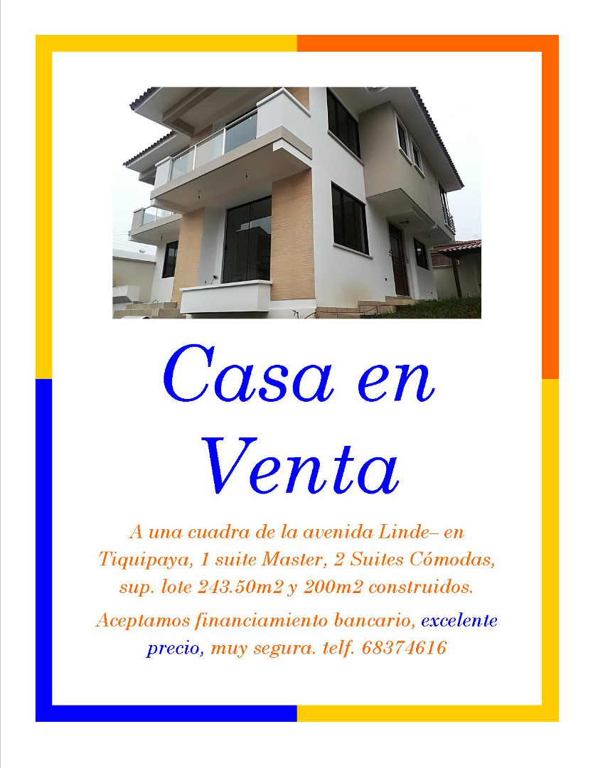 Casa en VentaTiquipaya, zona linde, a una cuadra de la avenida Linde 3 dormitorios 5 baños 2 parqueos Foto 1