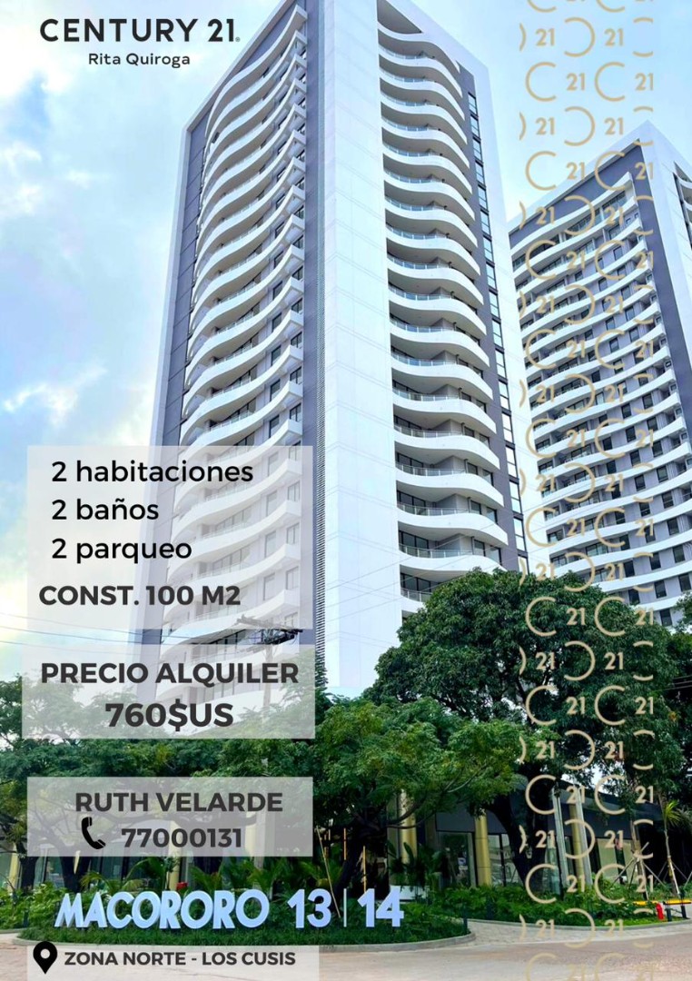 Departamento EDIFICIO MACORORO 13/14 
DEPARTAMENTO EN ALQUILER !!!!!!
2 DORMITORIOS 
VISTA PRIVILEGIADA 
Precio 4.800 Bs
 Foto 1