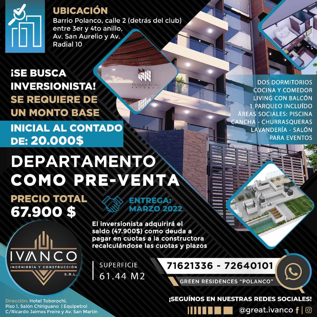 Departamento PRE-VENTA, detrás del Club Polanco Foto 1