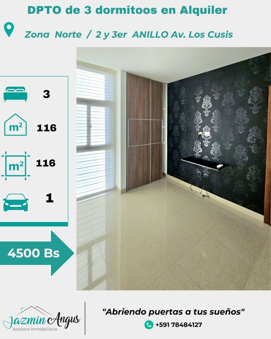 Departamento en AlquilerAV. BENI ENTRE 2 Y 3er ANILLO  3 dormitorios 3 baños 1 parqueos Foto 2