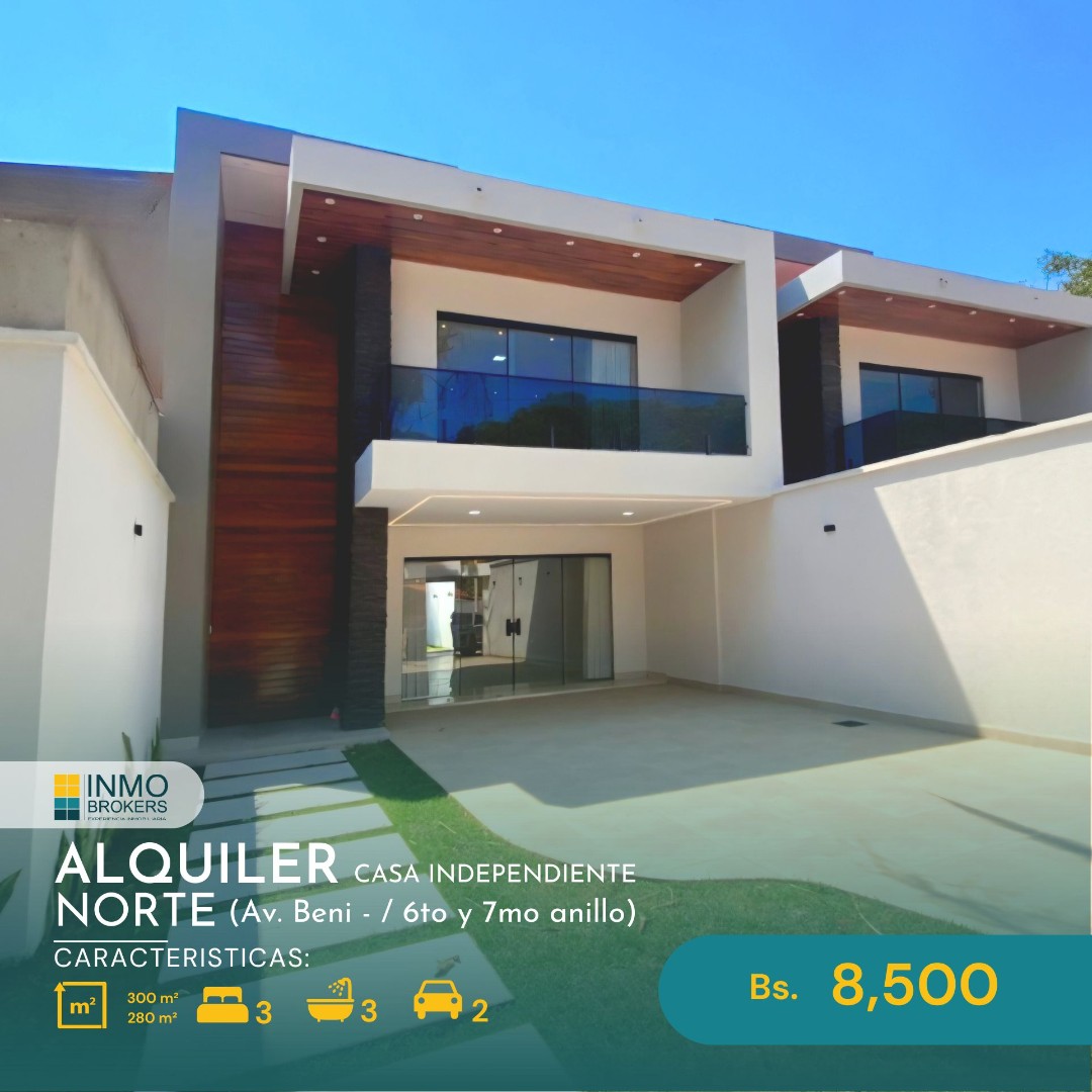 Casa en AlquilerZona Norte
Av. Beni entre 6tony 7mo anillo 3 dormitorios 3 baños 2 parqueos Foto 1