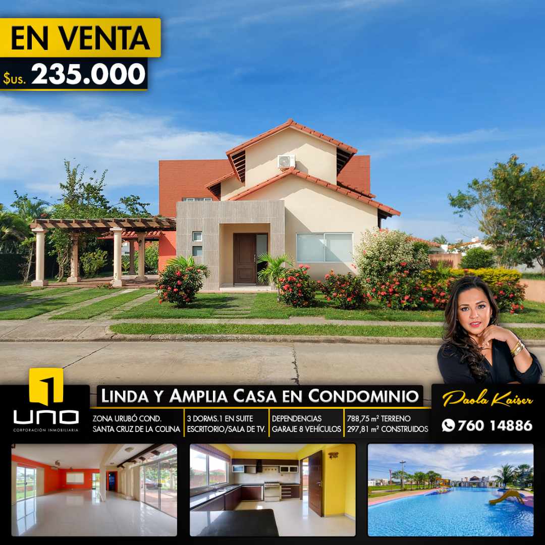 Casa en VentaLinda casa con gran jardín en Condominio Zona Urubo 3 dormitorios 4 baños 6 parqueos Foto 1