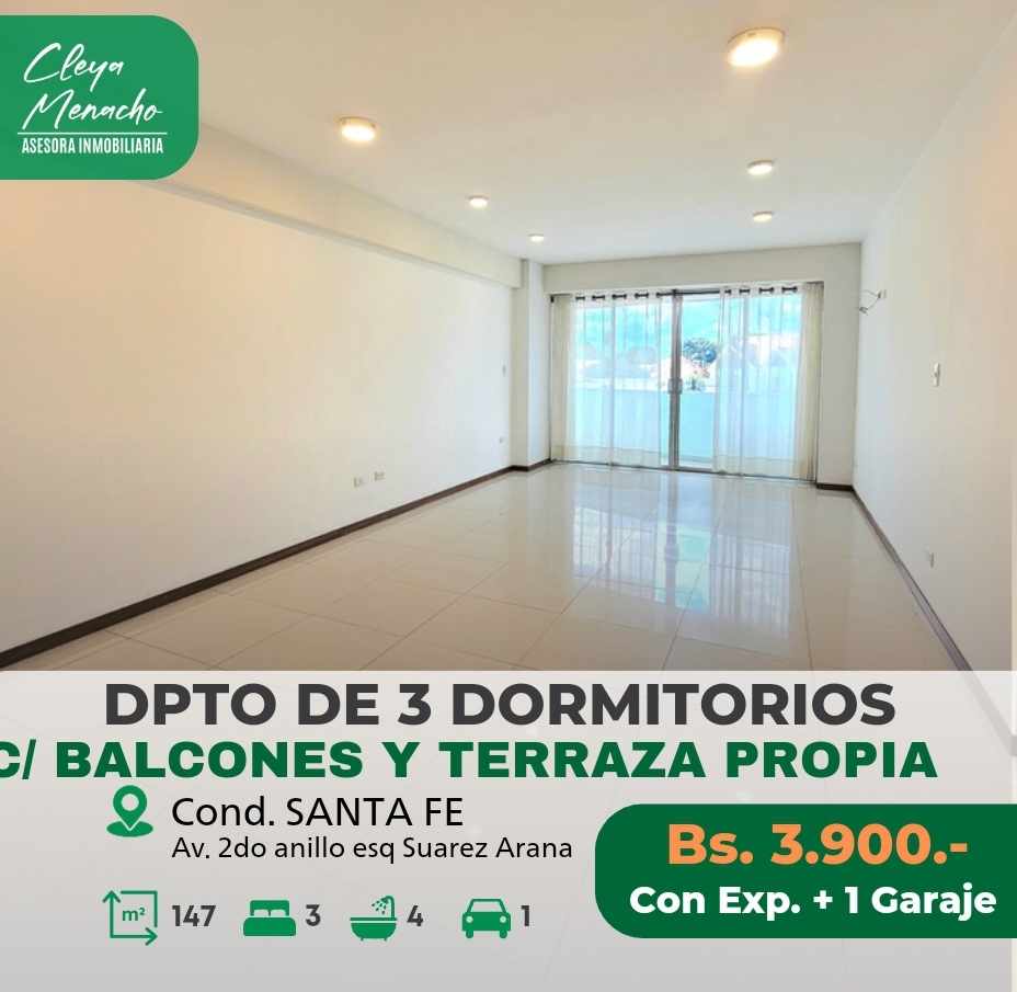 Departamento en Entre 1er y 2do anillo Este en Santa Cruz de la Sierra 3 dormitorios 4 baños  Foto 1